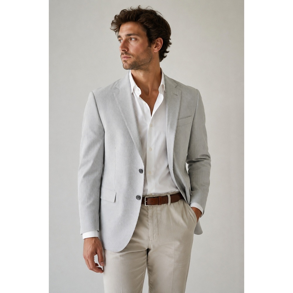 Express Seersucker Pinstripe Cotton Blazer Men's 42R Preppy Coastal Euro Summer